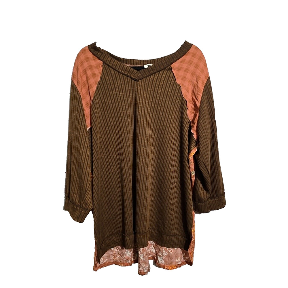 Cato Brown V-Neck Ribbed Patchwork Long Sleeve Pullover Sweater Womans Sz 22/24W
